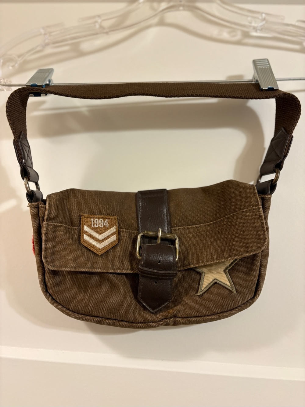 Brown Canvas Crossbody Bag with Star Patch